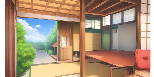 Japanese anime style cozy bedroom with yukimi shoji windows balcony trees outside sunlight day