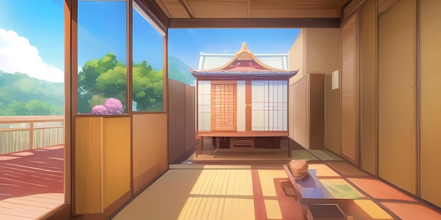 Japanese anime style cozy bedroom with yukimi shoji windows balcony trees outside sunlight day