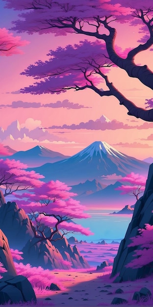 Japanese anime style theme wallpaper illustration sakura and mountains 6