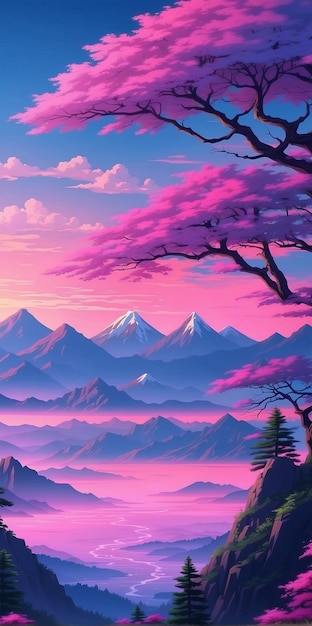 Japanese anime style theme wallpaper illustration sakura and mountains 8