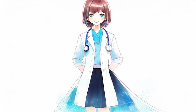 japanese anime style woman doctor full body wearing white coat on white background