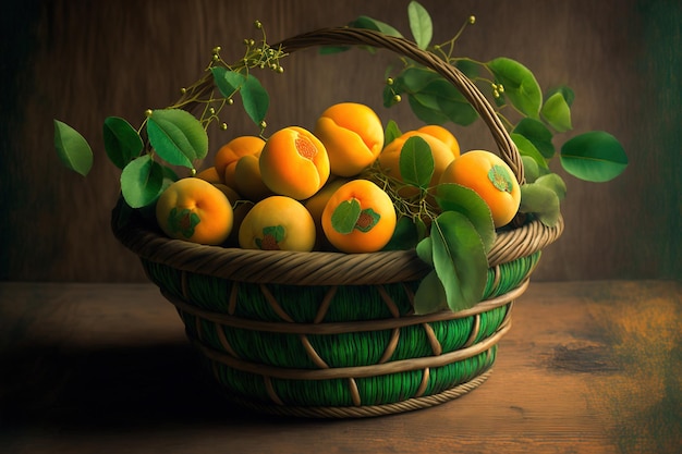 Japanese apricots in a basket green and yellow with a wooden background