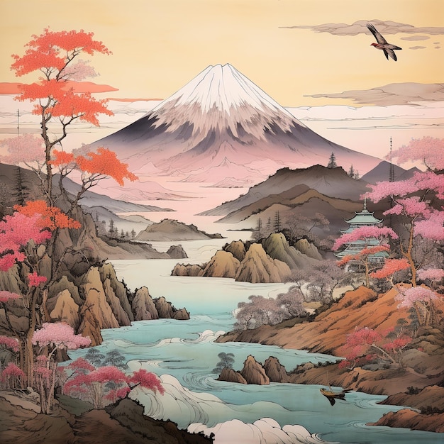 Japanese art on mountain and river