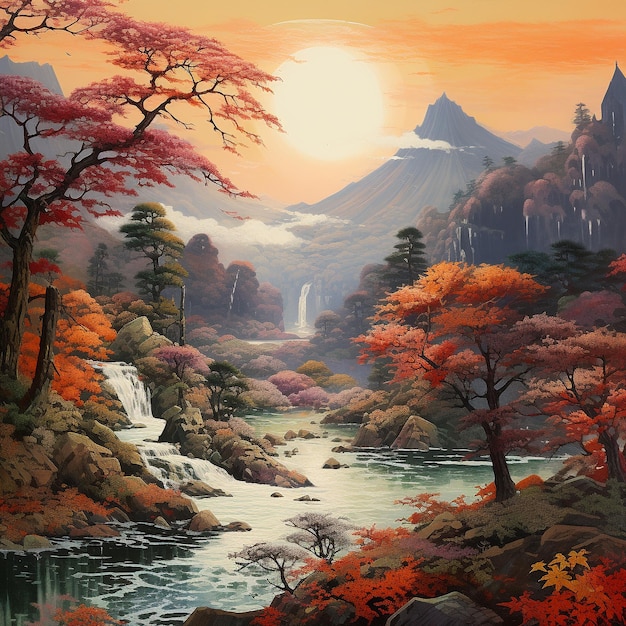 Japanese art on mountain and river