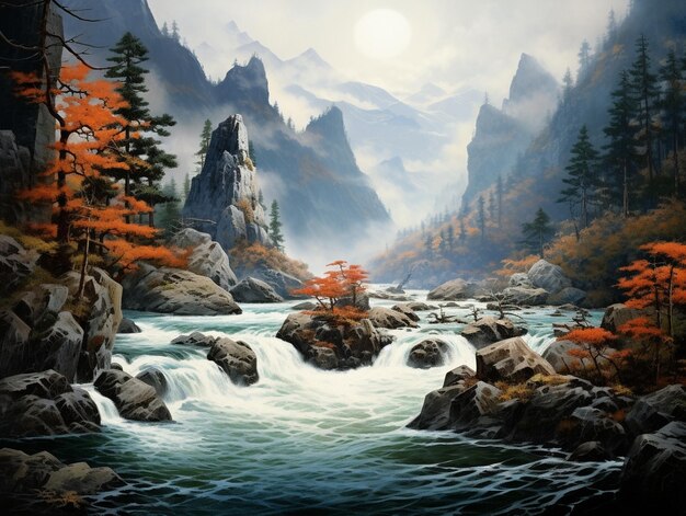 Japanese art on mountain and river