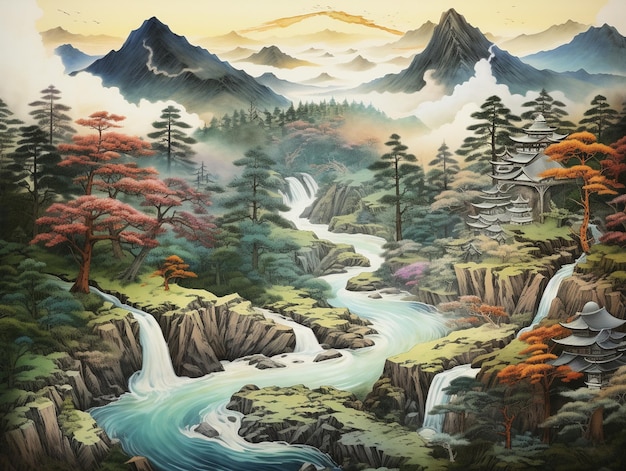 Japanese art on mountain and river