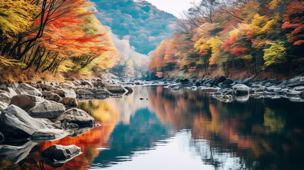 Photo japanese autumnal valley landscape in shibuya yamanashi prefecture