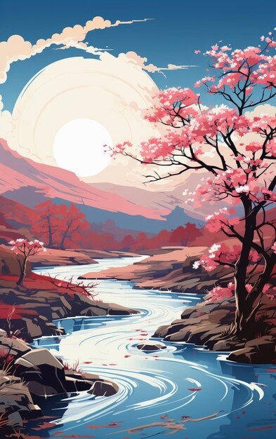 japanese background small river with sakura tree