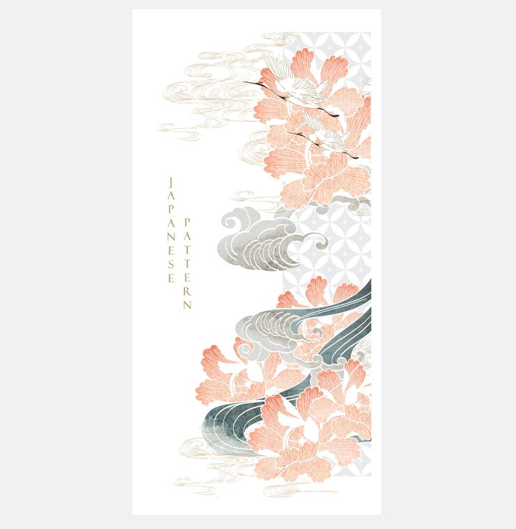 Photo japanese background with crane birds or herons element with peony flower vector hand drawn wave and chinese cloud decorations in vintage style watercolor painting with art abstract banner design