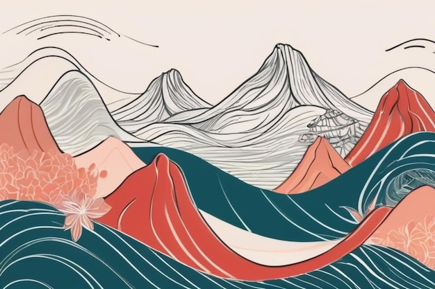 japanese background with hand drawn wave vector abstract template with line pattern