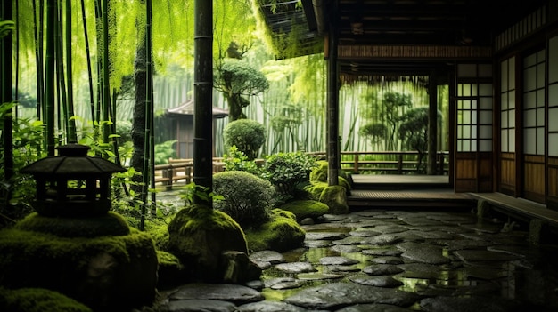 写真 日本の竹の庭 ⁇ 熱帯雨林の寺院画像 ai生成画像