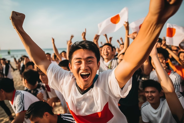 Japanese beach soccer fans celebrating a victory