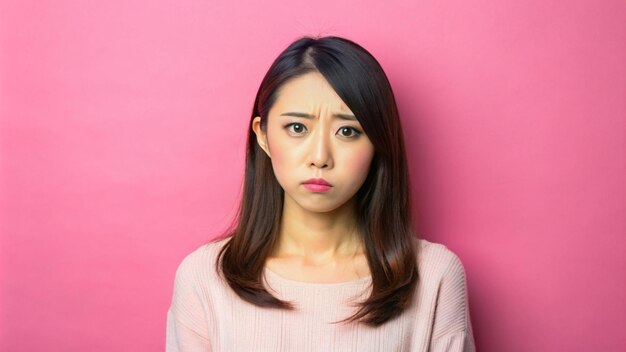 写真 ピンクの背景の悲しみのある美しい日本人女性 コピースペースを持つ女性