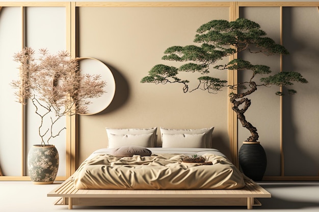 Japanese bedroom interior mock up with zen bed plant and decoration