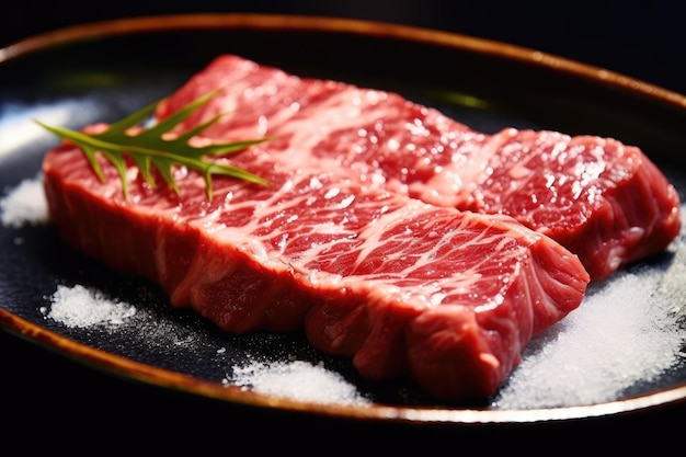 Japanese beef on display closeup of dryaged and grilled Wagyu beef steak on a rustic wooden cutting board