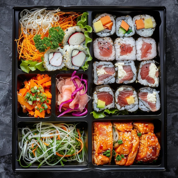 Japanese Bento Box Asian Style Lunch Box with Sushi Rolls Salad and Fresh Sea Food Top View