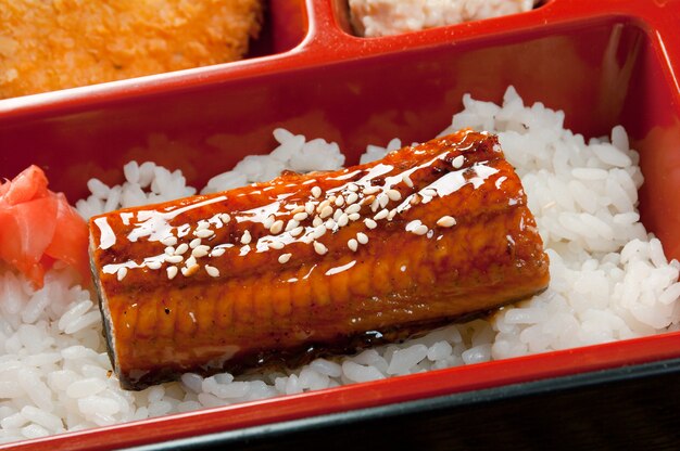 Japanese Bento Lunch .box of fast food with smoked eel