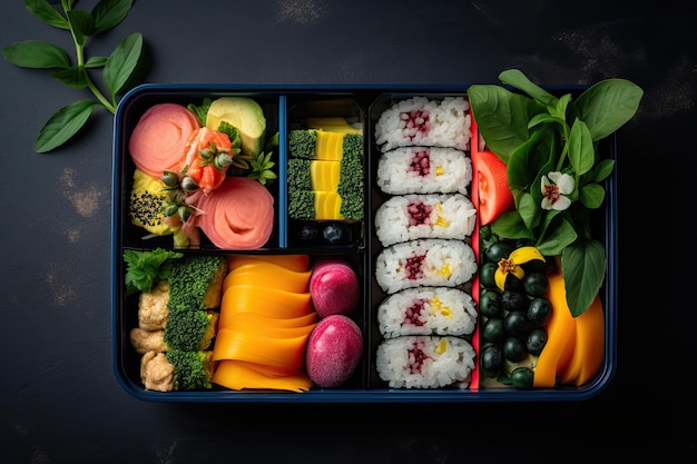 Japanese bento lunch box with sushi rolls and vegetables on dark background
