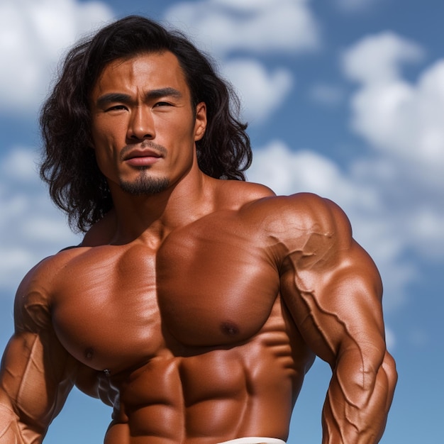 japanese bodybuilder in front of a blue sky