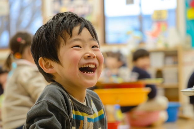 A Japanese boy grins with enthusiasm as he participates in an art and creativity class embracing the opportunity for selfexpression and exploration