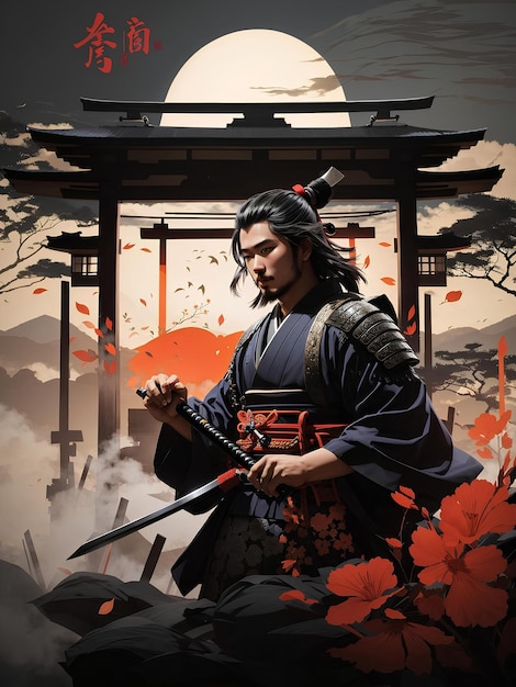 Japanese Bushido Samurai Illustration Digital Art 3D Style Painting Vector Art