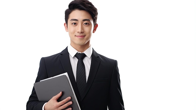 Japanese businessman in a formal suit holding a folder and looking at the camera with a smile