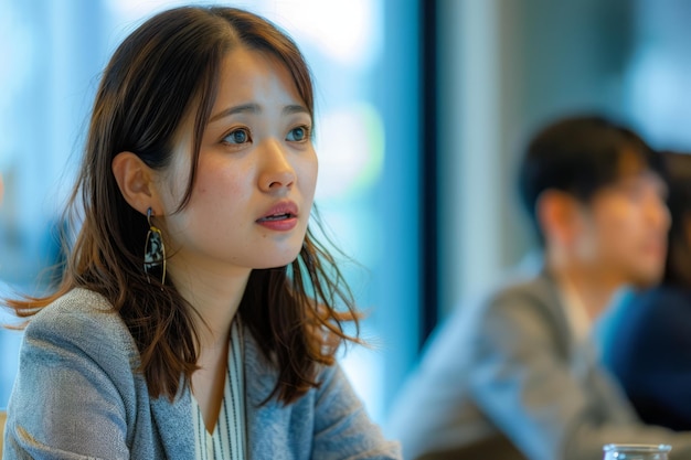 A Japanese businesswoman participates actively in a meeting listening to discussions with focus