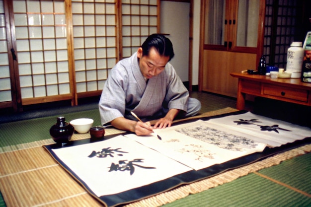japanese calligraphy practice on tatami mat
