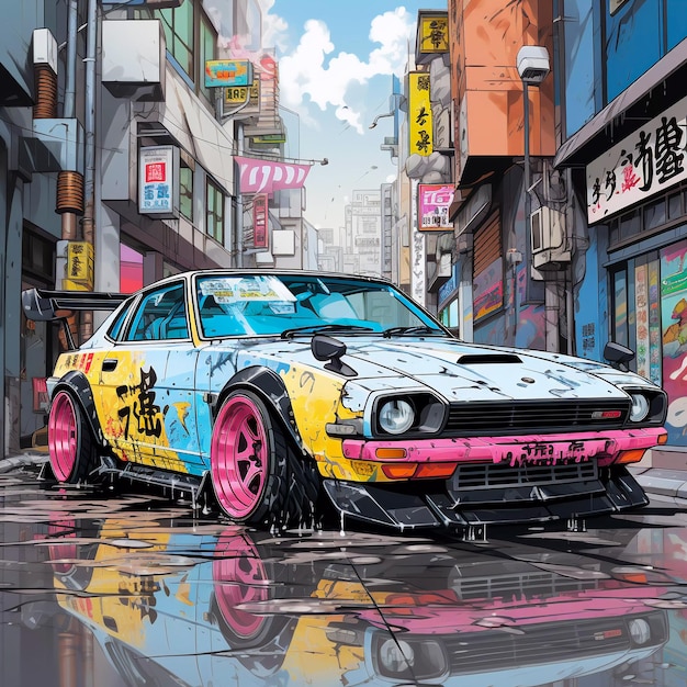 Japanese car tuning Bosozoku graffiti poster art illustration AI Generated