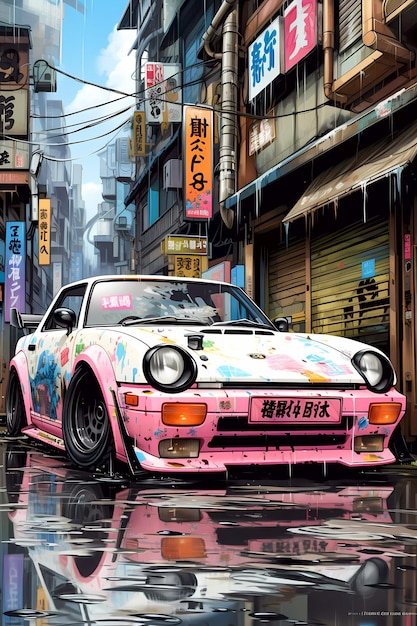 Japanese car tuning Bosozoku graffiti poster art illustration Generative AI