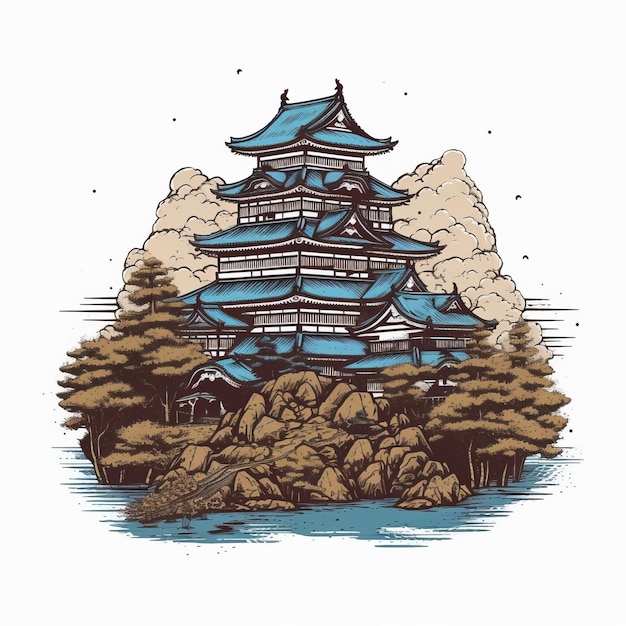 Японская замковая плоская иллюстрация, нарисованная в Adobe Illustrator
