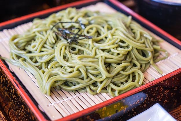 Japanese Cha Soba (Green tea Soba) in dish 