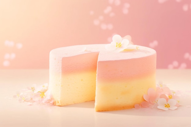 일본 치즈 케이크 분홍색 노란색 배경