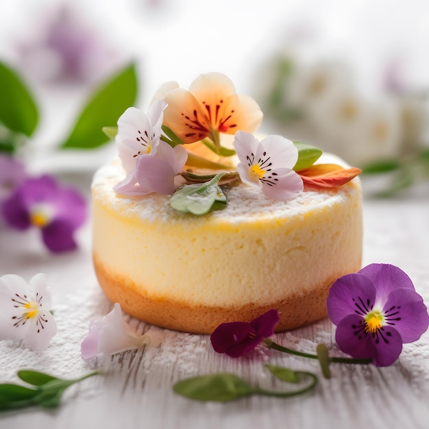 Japanese cheesecake with spring flowers