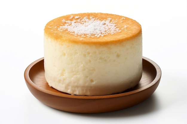 Japanese cheesecake on wooden plate on white background