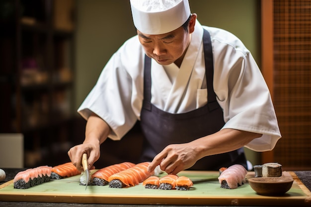写真 典型的な衣装を着た日本のシェフが寿司を調理している