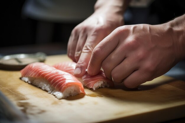 A Japanese chef's skilled hands prepare traditional sushi embodying East Asian culinary finesse