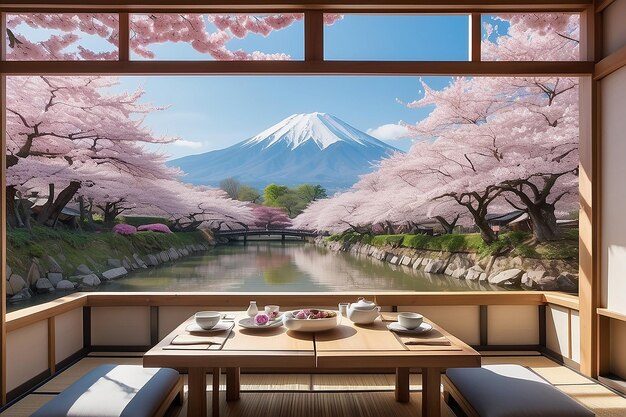 Photo japanese cherry blossom dining sakura views tatami seating springtime serenity