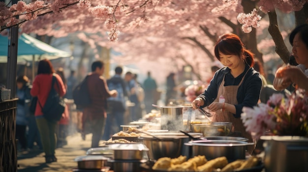 屋台の屋台が並ぶ日本の桜祭り