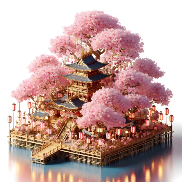 日本の桜祭り 3Dイラスト 白い背景