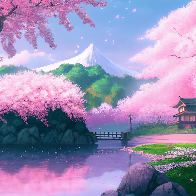 Japanese cherry blossom trees and lake landscape anime manga illustration