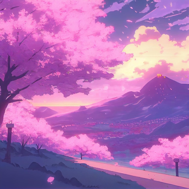 Japanese cherry blossom trees landscape anime manga illustration