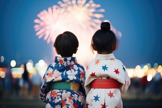 写真 ユカタを着た日本の子供たちがオボンで花火を見ている