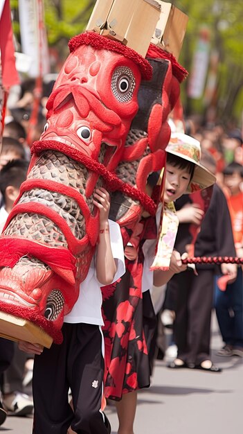 赤い服を着た日本の子供たちの祭り