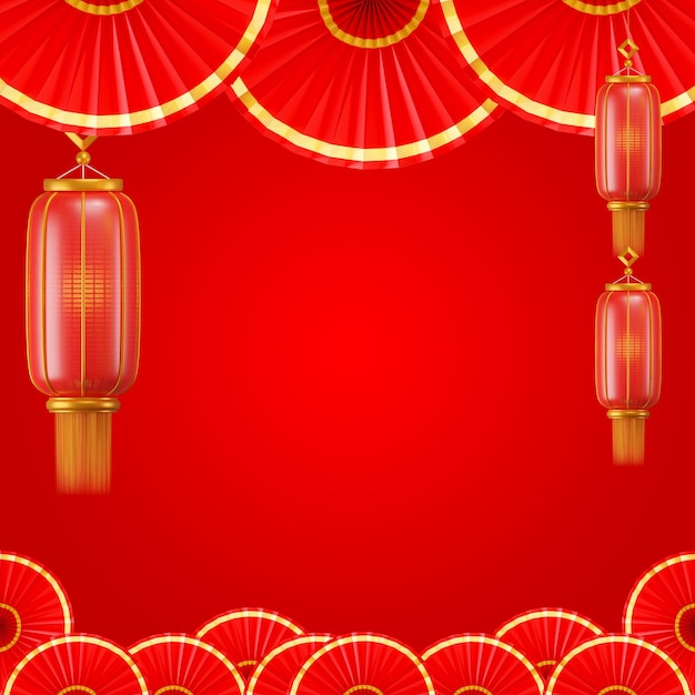 랜턴이 있는 일본 및 중국 손 팬. 전통적인 빨간색 중국 새 해 배경입니다.