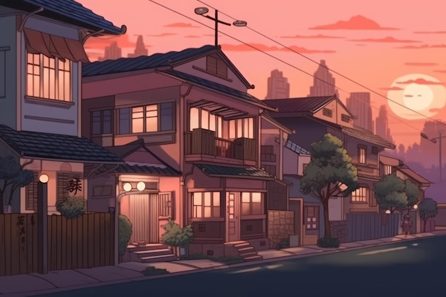 Japanese city sunset street anime art landscape Nature people architecture road avenue Generate Ai