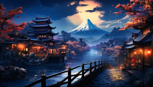 japanese city with mount fuji at night