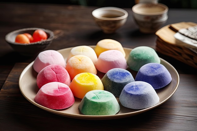 Japanese colorful mochi in plate on rustic wooden table Ai generative