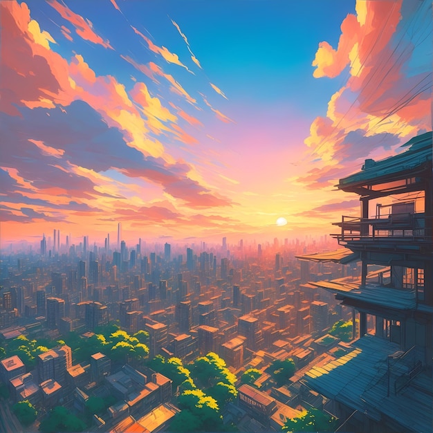 日没の ⁇ 囲気の都市風景の日本の漫画スタイル