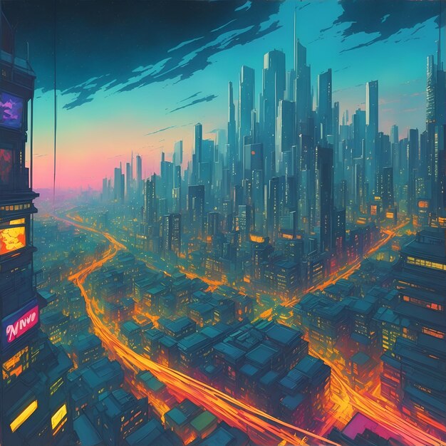 japanese comic style of cityscape in sunset atmosphere